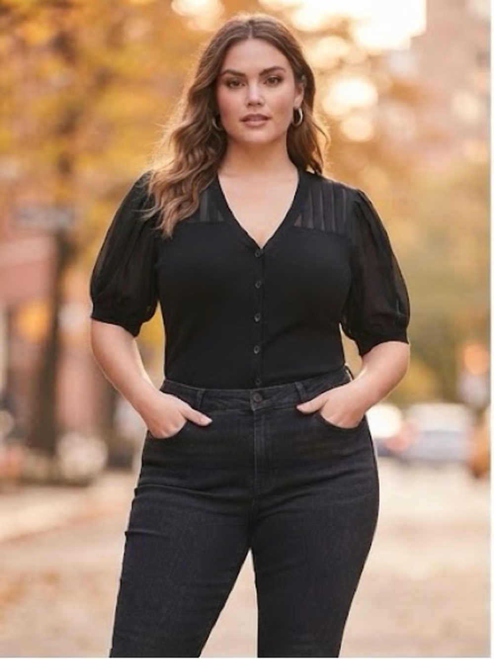Anne Klein -Knit Cardigan Black Button-Front V-Neck Top with Sheer Puff Sleeves